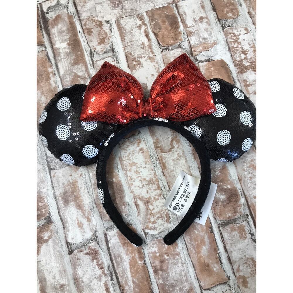 Disney Parks - Classic Minnie Mouse Sequined Headband Black Ears Red Bow.